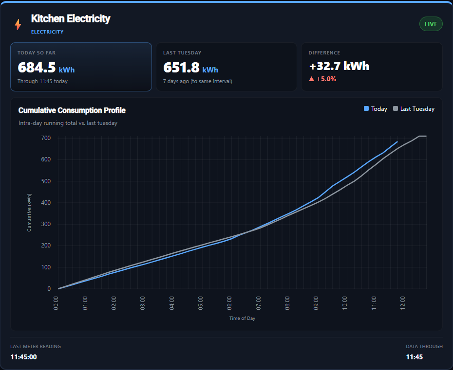 TICCbox live dashboard showing real-time electricity and gas consumption