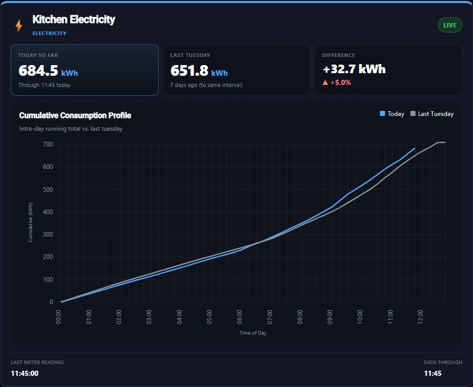 TICCbox live dashboard showing real-time electricity and gas consumption
